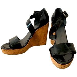 Stuart Weitzman Black Patent Leather Cork Wedge Sandal
